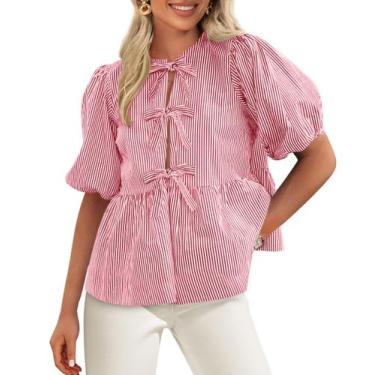 Imagem de Blusa feminina PRETTYGARDEN com gravata frontal listrada 2025 vermelha