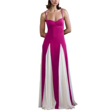 Imagem de Vestido de formatura EEMEII Spaghetti Straps Patchwork Branco Fúcsia