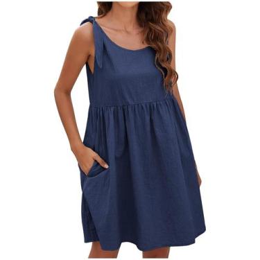 Imagem de Mulheres Verão Casual Sem Mangas O-neck Bandage Vestidos Sólidos Vesti