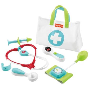 Imagem de Kit Médico Fisher-Price com 7 peças para brincar de médico. Ideal para crianças a partir de 3 anos. Inclui bolsa e acessórios em tamanho
