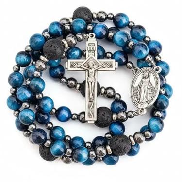 Imagem de Nazareth Store Rosário de olho de tigre azul para homens, colar de rosário católico com contas misteriosas de lava, colar de cruz de rosário forte em caixa de presente portátil, One Size, Pedra, Sem