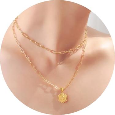 Imagem de Colar feminino com inicial em camadas, aço inoxidável banhado a ouro 18K, pingente de clipe de papel duplo A a Z, conjunto de duas correntes destacáveis, 16.5in/ 14+2in, Aço inoxidável, Sem Pedra