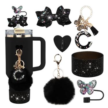 Imagem de Conjunto de 6 peças de acessórios para copo Stanley preto - tampa de cobertura de palha de borboleta, laço brilhante para canudo, bota de silicone brilhante, pingente de letra e pompom para copos