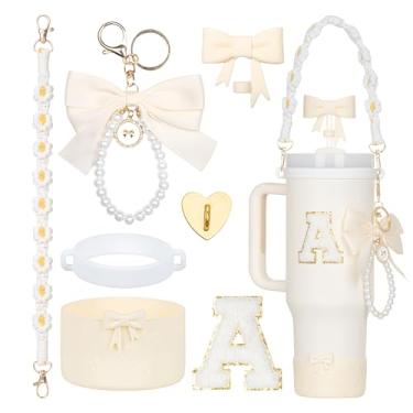 Imagem de Rabrgab Conjunto de acessórios para copo Stanley branco com 7 peças – topo de palha com laço, pingente de laço fofo, bota de silicone com design de laço, alça de alça de garrafa de água e adesivo de