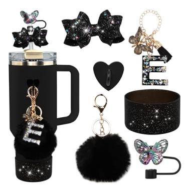 Imagem de Conjunto de 6 peças de acessórios para copo Stanley preto - tampa de cobertura de palha de borboleta, laço brilhante para canudo, bota de silicone brilhante, pingente de letra e pompom para copos