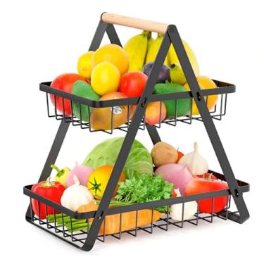 Imagem de Organizador de Cozinha com 2 Andares, Cesto Aramado Preto com Alça de Madeira, Fruteira de Mesa para Frutas e Legumes