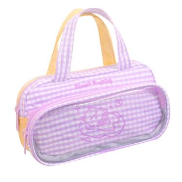 Imagem de Estojo de lápis em tela xadrez roxa de grande capacidade com alça