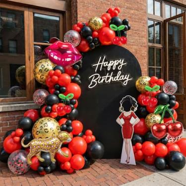 Imagem de Red and Black Balloons Arch Kit Cherry Birthday Decorations with Foil Cheetah Print cherry lips Cheetah Balloons for Baby Shower Bachelorette Party Decorations