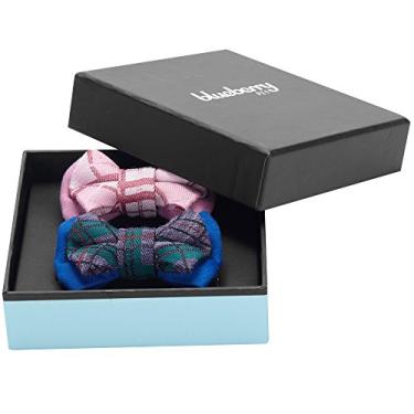 Imagem de Blueberry Pet Caixa de presente com pacote de 2 gravatas borboleta feitas à mão para cães e gatos, conjunto de gravata borboleta estilo tartã xadrez escocês em rosa bebê e azul, 7,6 x 5 cm