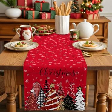 Imagem de Árvore de Natal vermelha floresta caminho de mesa de Natal floco de neve corredores desenhados à mão para mesas de jantar corredor de jantar cozinha decoração de mesa de festa 33 x 182 cm