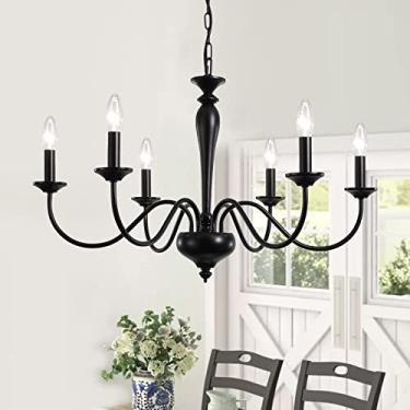 Imagem de ADSENSTY Lustre preto de 6 luzes rústico industrial vela de ferro para casa de fazenda, luminária de teto suspensa para sala de estar, hall de entrada, quarto, corredor, luminárias de cozinha