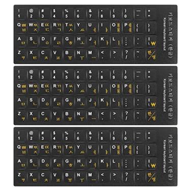 Imagem de 3 adesivos de teclado coreano para PC fundo preto com letras amarelas brancas para computador, laptop, notebook, desktop