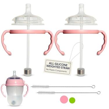 Imagem de Kit de conversão de copo de canudo para mamadeiras Comotomo de 2 unidades, bicos superiores de palha de silicone de grau alimentício, canudos pesados de silicone, alças de mamadeira, escova de limpeza