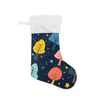 Imagem de Wassud Meia de Natal fofa com punho branco, árvores coloridas, 45,7 cm, grande, para decoração de lareira e cornija, 1 pacote