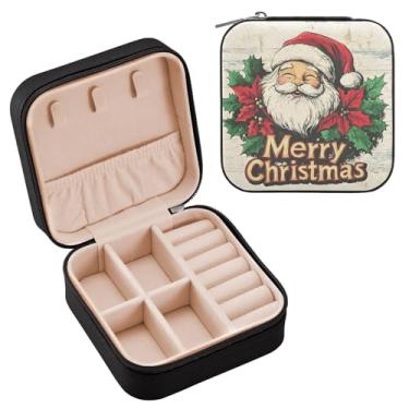 Imagem de Wassud Lindo estojo de joias de viagem com cabeça de Papai Noel para mulheres, meninas, senhoras, noiva, mini organizador de joias de couro PU, caixa quadrada de armazenamento de joias para brincos