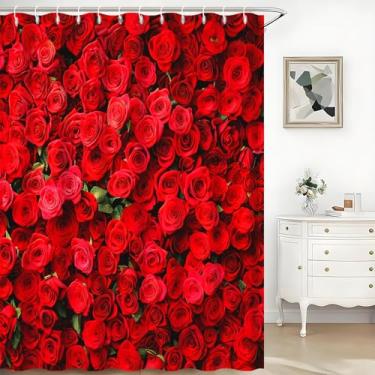Imagem de TTQYFNM Cortina de chuveiro floral rosa vermelha romântica flores rosas flores natureza impressão natureza cortina de banheiro para decoração de dia dos namorados impermeável lavável tecido cortinas