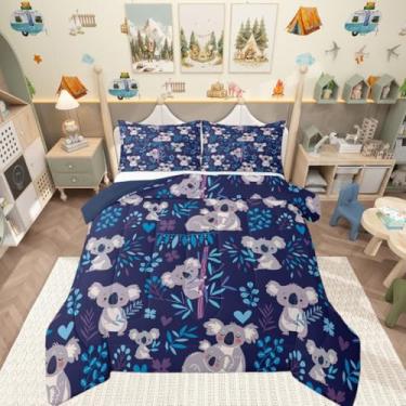 Imagem de Manfei Conjunto de edredom fofo de coala, para crianças, ramo de folhas tropicais, desenho de coalas, vida selvagem, decoração de casa, azul escuro, cinza, tamanho Queen, 3 peças, 2 fronhas