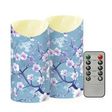Imagem de Wassud Flores de cerejeira azuis velas sem chama com controle remoto, velas realistas cintilantes com temporizador, velas decorativas para Natal, casamento, festa, decoração de casa média