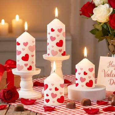 Imagem de Lyrow 4 velas de pilar de coração para dia dos namorados, 5 x 10 cm, 5 x 7 cm, branco sem cheiro, com estampa de coração, sem fumaça, velas acesas para casamento, aniversário, decoração de casa