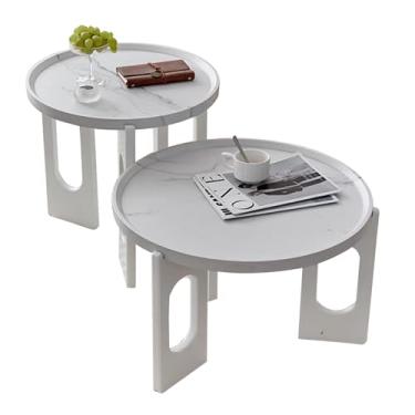 Imagem de Mesa de centro redonda para sala de estar, mesa lateral para sala de estar, mesa de centro retrô, design de madeira de meados do século, mesa de decoração de casa para sala de estar (branca)