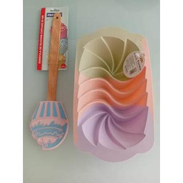 Imagem de Forma de Silicone para Bolo Espiral Multicolorida com Espátula de Madeira, Kit Confeitaria 2 Peças (Espiral Rosa)