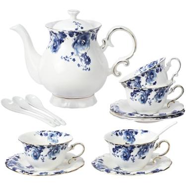 Imagem de LE POTOCIO Conjunto de chá Bone China para adultos, conjunto de chá de porcelana azul e branca de 13 peças para 4, conjunto de chá floral vintage com bule de chá e colheres de chá, conjuntos de chá