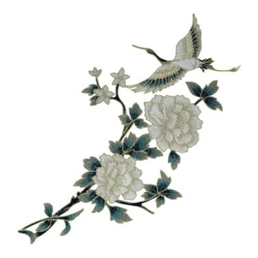 Imagem de Remendos costurados de guindaste e peônia branca com flores, aplique bordado de guindaste, apliques de reparo, patchwork, floral, artístico, 1 peça