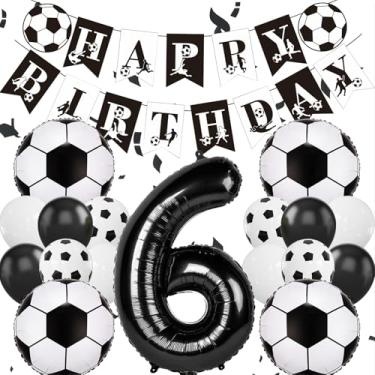 Imagem de Balões de futebol, número de 6 balões pretos de 101 cm, faixa de feliz aniversário de futebol, balão preto branco de 30 cm, decorações de 6 anos para meninos