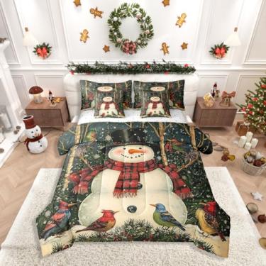 Imagem de Erosebridal Conjunto de edredom solteiro de boneco de neve com desenho animado – 7 peças, cama de solteiro de Natal verde em uma bolsa com edredom, lençóis, fronhas e fronhas