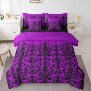 Imagem de Feelyou Conjunto de edredom gótico roxo damasco com 7 peças, Queen, estilo vitoriano, barroco, antigo, gótico, vintage, floral, para decoração de quarto de crianças, meninos, meninas, macio