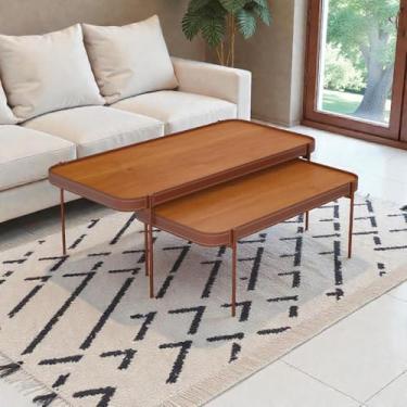 Imagem de Mesa de Centro Melin P 87x44 Nature com Pés Metálicos Cobre Detalhes em Couro - Ofertamo