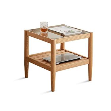 Imagem de U5GAAALPPQ9 Mesa lateral de café, mesa de centro minimalista moderna sala de estar quarto multifuncional 2 andares pequena mesa quadrada carvalho com mesa lateral de vidro (cor: A) (A)