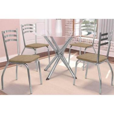 Imagem de Sala Jantar Mesa Volga c/ Tampo de Vidro 95cm e 4 Cadeiras Portugal Cr