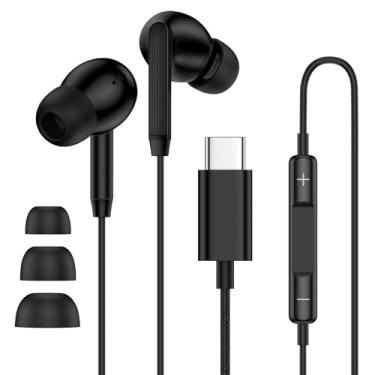 Imagem de Fone de ouvido Android para Samsung Galaxy S25 Edge S24 S23 Ultra FE A56 A36 A16 A17 Fones de ouvido com fio USB C, cabo trançado tipo C, fone de ouvido com microfone e cancelamento de ruído para