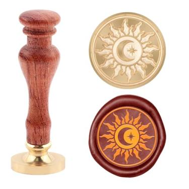 Imagem de Carimbo de lacre de cera com padrão de sol Carimbo de lacre de latão removível com alça de madeira para embrulho de presente de convite de casamento Envelopes cartão de felicitações