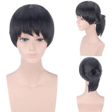 Imagem de Peruca de cosplay curta Black Bob com franja frontal e rabo de cavalo 