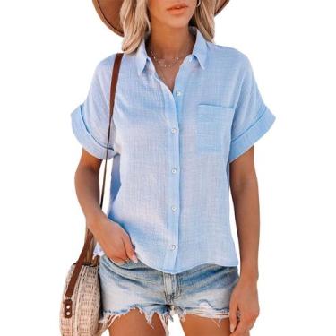 Imagem de Camisa feminina Shebote, manga curta, algodão, azul claro, tamanho M