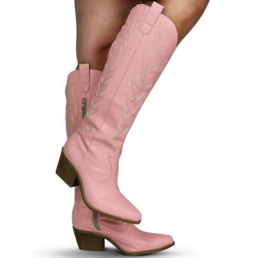 Imagem de Bota Texana Country Cano Longo Bordada Linha Premium Rosa Cor:RosaTama
