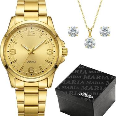 Imagem de Relogio Inox Inox Banhado Femino + Caixa casual dourado ajustavel pres