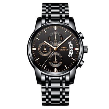Imagem de Relógio de pulso masculino, relógio de quartzo com data, simples, casual, pulseira de aço inoxidável, cronógrafo, à prova d'água e à prova de arranhões, preto