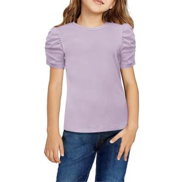 Imagem de Beziun Camiseta infantil feminina, cor sólida, manga curta, malha canelada, gola redonda, blusa casual de verão, Roxa, 12-13 Anos