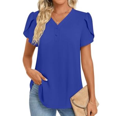 Imagem de HOTGIFT Túnica feminina de verão 2024, casual, manga curta, gola em V, botões, camisetas de chiffon para leggings macias e confortáveis, Azul royal, XXG