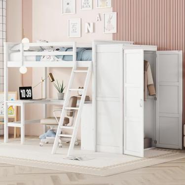 Imagem de Cama loft com mesa e armário de armazenamento, cama loft de solteiro com guarda-roupa, cama loft adolescente com estação de trabalho, branca (solteiro branco)
