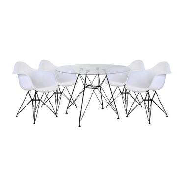 Imagem de Mesa de Jantar Vidro Redonda 90cm Eames Eiffel com 4 Poltronas Brancas