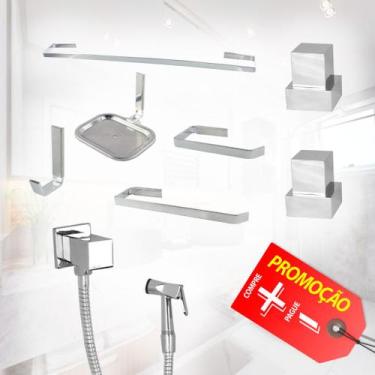 Imagem de Kit de Acessórios para Banheiro Quadrado Cromado Completo + Ducha Higi