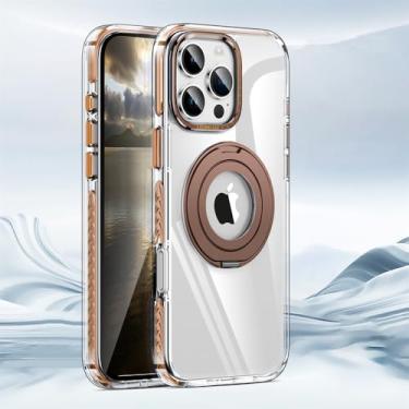 Imagem de HPQWN Capa de telefone com suporte de anel de metal magnético para iPhone 15 14 13 16 Pro Max Plus 16Pro Suporte giratório 360° Capa transparente, ouro antigo, para iPhone 15 Pro