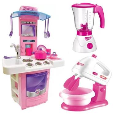 Imagem de Mini Batedeira Infantil + Big Cozinha Rosa e Liquidificador - DM Toys