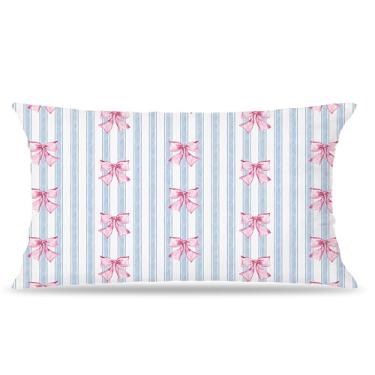 Imagem de FITIE Capas de almofada lombar listrada azul com laço coquete rosa 30 x 50 frente e verso, decoração de quarto infantil, capas de travesseiro para quarto de meninas, dormitório e apartamento