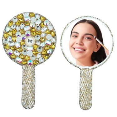 Imagem de Frinnovan Espelho redondo de strass espelhos portáteis para cílios espelho de cílios bonito espelho de maquiagem de viagem espelho brilhante com alça glitter mão cosméticos deslumbrante espelho