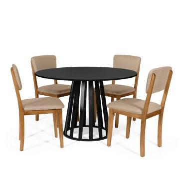 Imagem de Mesa De Jantar Redonda Gabi Preta Com 4 Cadeiras Estofadas Ella Bege